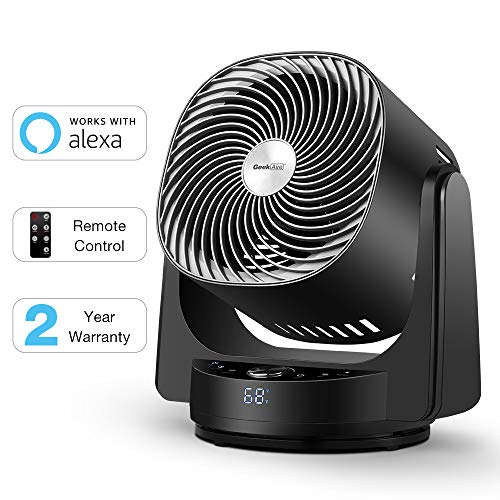 Geek Aire Fan, Air Circulator 3D Oscillating Floor Fan Works with Alexa and Google, High Velocity Stand Fan with 4 Speeds, 6h Timer, AI Mode, Whole Room Cooling Fan with App and Remote Control, Black