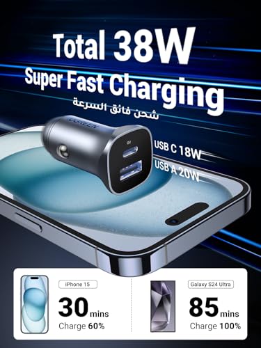 UGREEN PD 24W Car Charger Fast Charging Dual USB Phone Plug Adapter Car Charger Type C Compatible with iPhone 17 Pro Max/16 Pro/15/14/13x/12/11, iPad, Samsung S25/S24, Huawei Mate60,etc