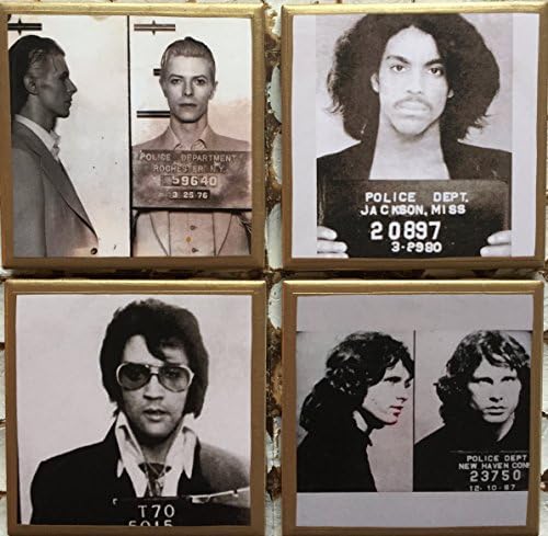 Coasters! Celebrity mugshot coasters with David Bowie, Prince, Elvis and Jim Morrison with gold trim