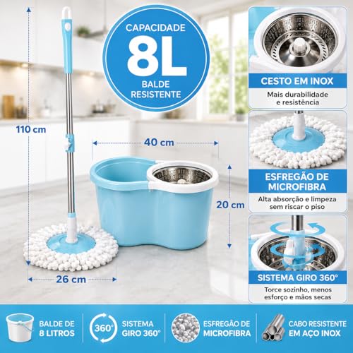 Mop Giratório com Balde e Centrífuga 360 com Cesto em Inox, 8 Litros, Sistema Lava e Seca, Eficiência e Durabilidade na Limpeza Diária de Todos os Tipos de Piso Para sua Casa