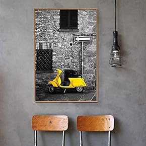 Framed Canvas Wall Art for Living Room, Bedroom Yellow Scooter Against Brick Walls Canvas Prints for Home Decoration Ready to Hang - 16x24 inches