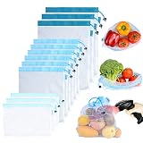 Reusable Mesh/Produce Bags (Lightweight, See-Through by PrettyCare) 12 Pack Double-Stitched Strength Grocery Bags with Tare Weight on Tags for Shopping & Storage of Fruit, Veggies