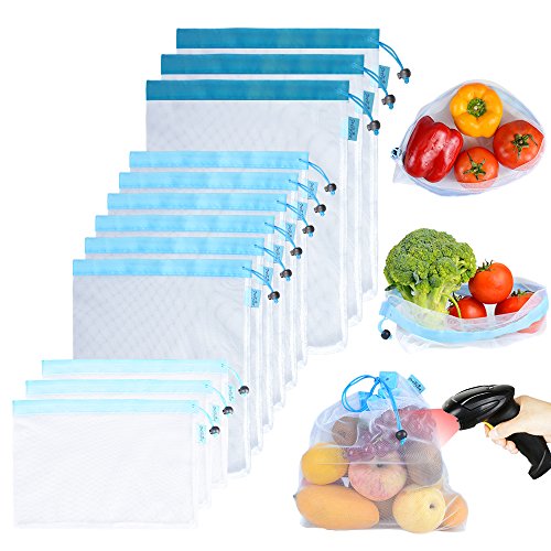 Reusable Mesh/Produce Bags (Lightweight, See-Through by PrettyCare) 12 Pack Double-Stitched Strength Grocery Bags with Tare Weight on Tags for Shopping & Storage of Fruit, Veggies