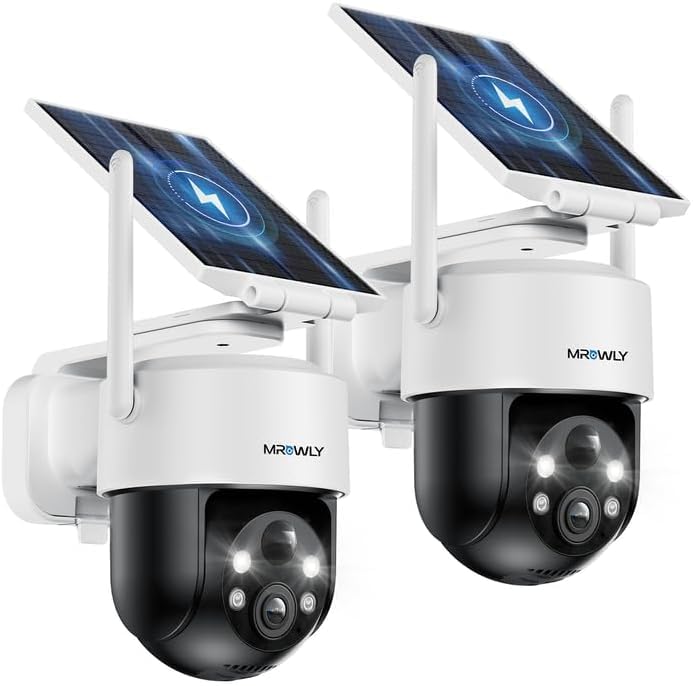 Mrowly Wireless Outdoor WiFi Surveillance Camera, 2K Outdoor Wireless Solar Camera Night Vision Colour – 360° PTZ, Light and Sound Alarm, Two-Way Audio