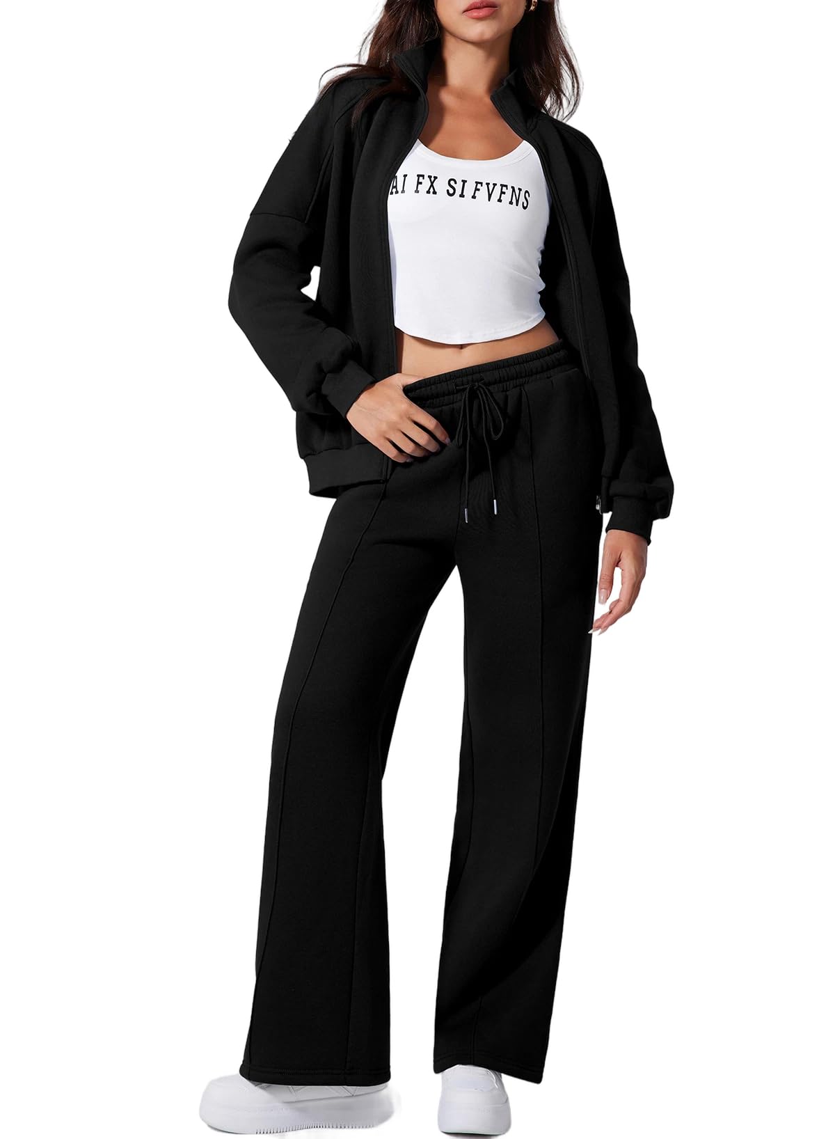 Photo 1 of Aleumdr Two Piece Sets for Women Sweatsuit Tracksuits Zip Up Jackets Fleece Lined Wide Leg Sweatpants 2024 Fall Athletic Sweat Matching Sets Women Clothing Travel Lounge Sets Black S
