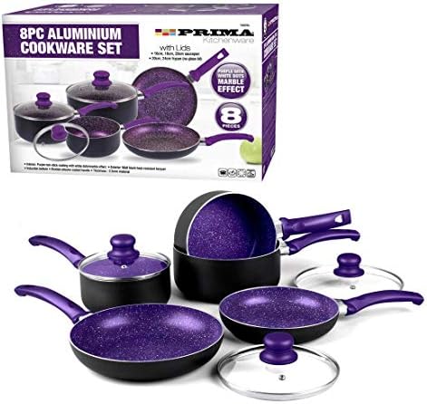 Cookware Set Saucepan Frying Pan Pot Stainless Steel Non Stick Glass Ceramic (8 PC COOKWARE Set Purple)