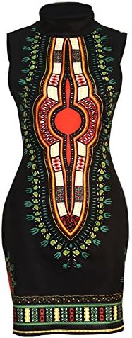 SheKiss Women's Traditional African Print Dashiki Bodycon Sleeveless High Collar Dress