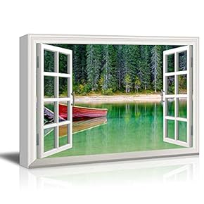Window View Canvas Wall Art - Boat on Clear River by The Forest - Giclee Print Gallery Wrap Modern Home Art Ready to Hang - 12x18 inches