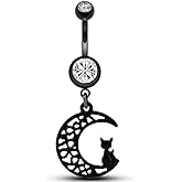 Jewseen 14g 316L Surgical Steel Belly Button Rings with Black Moon Cute Cat Dangle Navel Rings Piercing
