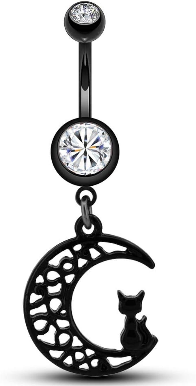 Amazon Jewseen 14g 316l サージカルスチール ベリーボタンリング ブラックムーン かわいい猫 ダングル へそリング ピアス ボディピアス 通販