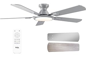 TCL Ceiling Fans with Lights, 52 Inch Low Profile Ceiling Fan with Light and Remote Control, Flush Mount, DC Reversible Motor, Noiseless, 6 Speeds Ceiling Fan for Bedroom (Silver)
