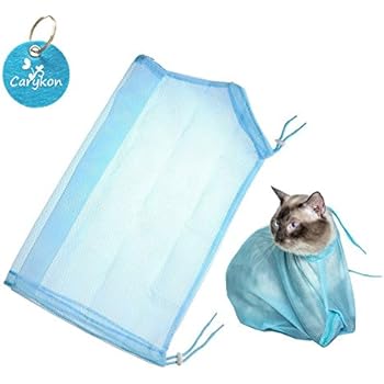Carykon Adjustable Multifunctional Polyester Cat Washing Shower Mesh Bags Pet Nail Trimming Bags (Blue)