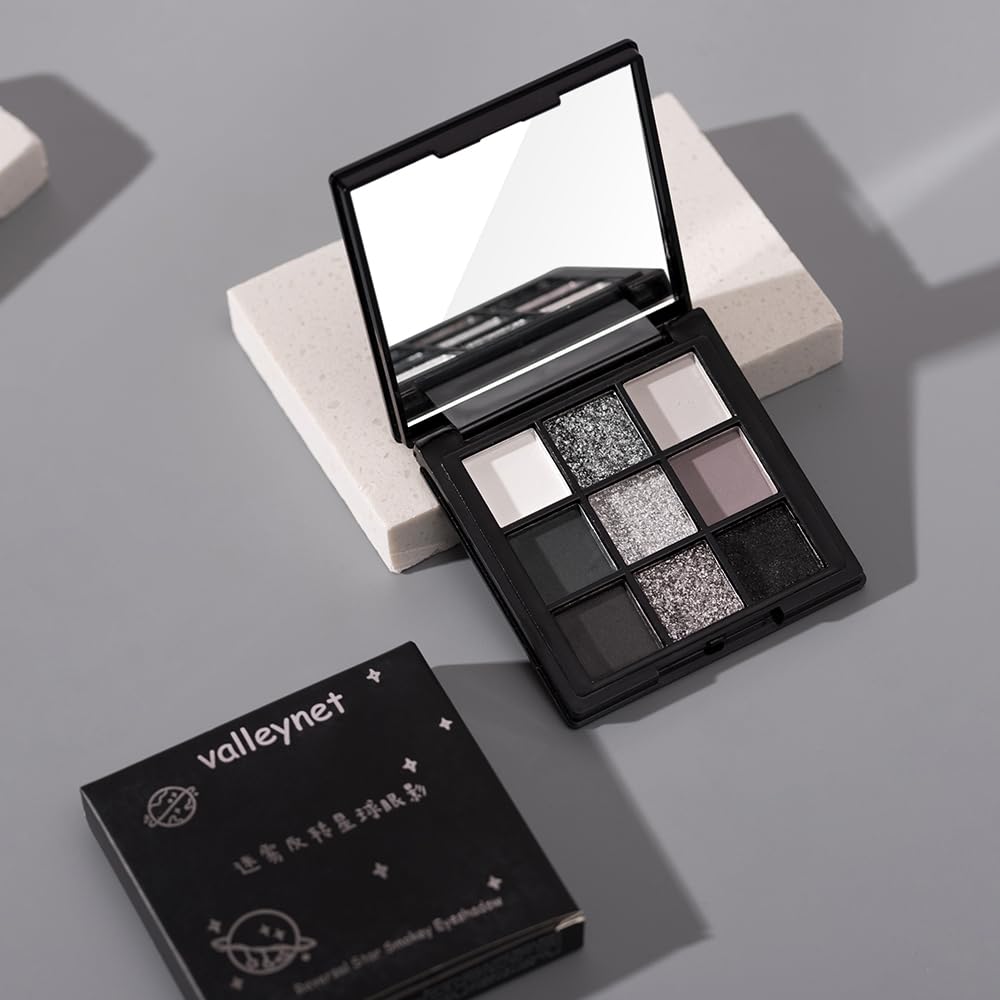 9 Color Smokey Eyeshadow Palette - Highly Pigmented Matte & Glitter Shades, Long-Lasting, Waterproof & Blendable, Black Silver Gray Eyeshadow Set for Sultry Glam (Reversal Star Smokey)