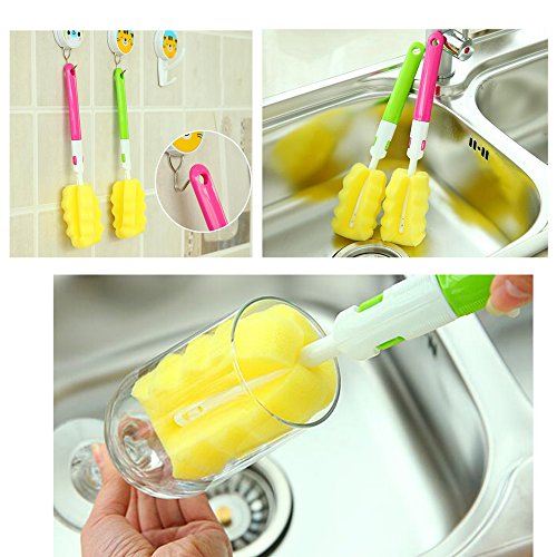 Durable Soft Spong Bottle Cleaning Brush Set Cleaner Tool Long Handle for Tea Cups Glass Coffee Stains Porcelain Baby Bottle With No Scratch (Green)