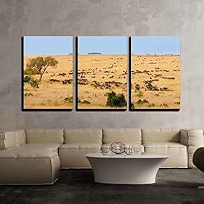 Wide Grassland Landscape of African Savanna with Wildebeest...