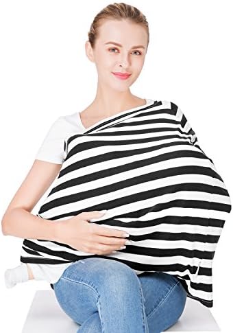 Baby Car Seat Cover, Canopy, Nursing Cover for Breastfeeding, Multiple Uses Infinity Scarf, Stroller and Shopping Cart, Baby Carrier,Stretchy Shawl(Black White)