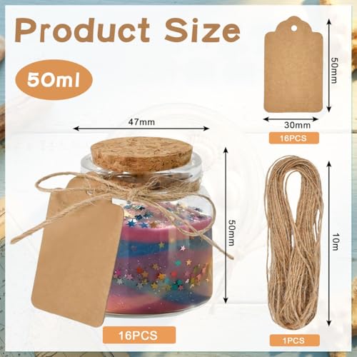 BXUUXA 16 Pieces 50 ml Glass Bottles, Small Glass Bottles Mini Glass Jars with Cork Stopper, Portable Tiles Glass Jars with Label and Twine for DIY Decorations, Wedding Gifts
