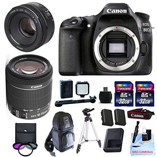 Canon EOS 80D Body Kit + Canon 18-55mm IS STM + Canon 50mm 1.8 STM Video/ Portrait Lens + 2 32GB Transcend SD Memory Cards + LED Video Light Kit & More - International Version Canon EOS 80D Body Kit + Canon 18-55mm IS STM + Canon 50mm 1.8 STM Video/ Portrait Lens + 2 32GB Transcend SD Memory Cards + LED Video Light Kit & More - International Version