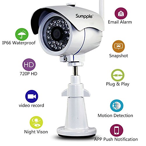 Sumpple Wifi Wireless/Wired 720P Digital Video Outdoor/Indoor IP Network Camera, Night Vision, IP66 Waterproof, Video Record, Snapshot, Motion Detection, Email Alarm, Support IOS, Android or PC White