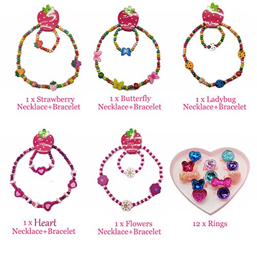 IDOXE 17pcs Value Set Little Girl Jewelry Set, Wood Stretch Necklace Bracelet Crystal Rings Heart Box - Thumbnail 4
