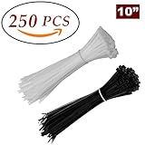 Black & White Zip Cable Ties 250 Pieces Self Locking 10 Inch Nylon Pack Heavy Duty 5mm Thick 50 LB Tensile Strength Securing Teeth Wiring Fire Heat UV Resistant Plastic Cables Cord Wire