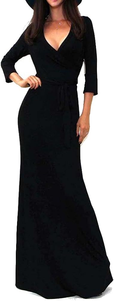 Vivicastle Women's USA Solid V-Neck 3/4 Sleeve Faux Wrap Waist Long Maxi Dress at  Women’s Clothing store
