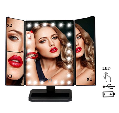 [2nd version] FLYMEI Tri-Fold Lighted Makeup Mirror with 24 LED Lights, Touch Screen 3X/2X/1X Magnification 180 Degree Free Rotation Lighted Vanity Mirror Travel Cosmetic Mirror (Black)