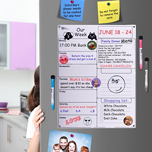Dry Erase Weekly Magnetic Calendar Set - Whiteboard Planner for Refrigerator White Board Organizer Checklist & Message Board Attach to Fridge or Hang on Wall 17X13 inch With Markers Icons & Push Pins