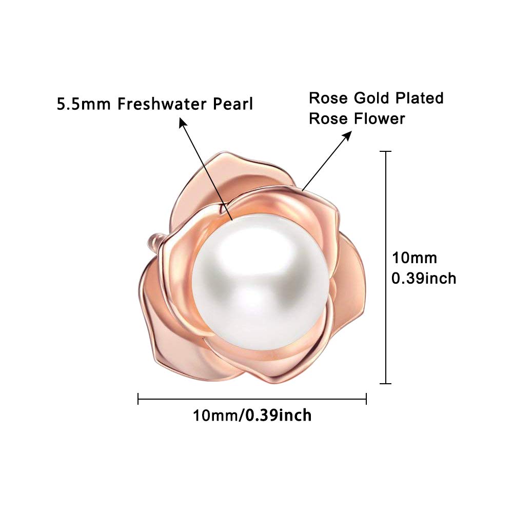 PORTWORLD Rose Gold Flower with Freshwater Cultured Pearl Stud Earrings for Women Girls