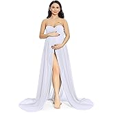 ZIUMUDY Maternity Chiffon Strapless Maxi Photography Dress Split Front Gown for Photoshoot