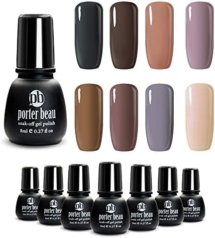 Porter Beau Multi 8 Colors Gel Soak Off UV Led Lamp Nail Polish Set Mini Collection Natural Resin Hypoallergenic Formaldehyde Free Nail Art Black Brown Beige 8x8ml