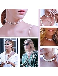 Shell Necklace with Pearl Handmade Cowrie Pearls Shell Necklace Puka Shell Choker Necklace Adjustable Rope Beach Conch Jewelry for Women and Girls, 3pcs Sets