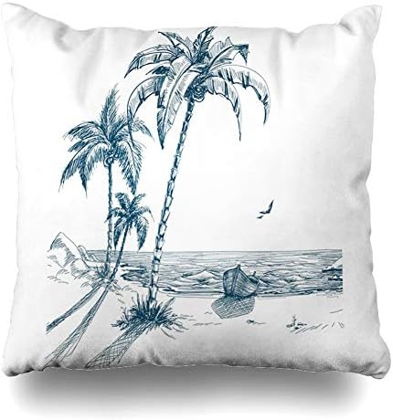 DIYCow Throw Pillows Covers Pencil Summer Beach Palm Trees Holiday Seagulls Boat Holidays Gull Cushion Case Pillowcase Home Sofa Couch Square Size 18 x 18 Inches Pillowslips