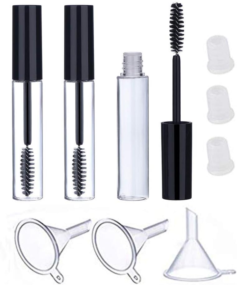 10ml Empty Mascara Tube with Eyelash Wand, Rubber Inserts and Funnels Set for Castor Oil, Eyelash Cream Container Bottle,DIY Mascara Container with Cap (3Pcs,Black)