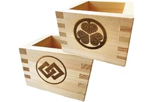 EDOYA Hinoki Wooden Sake Cups (Set of 2) Japanese Box Masu with Japanese Lucky Brand Made in Japan (Japanese Crest)