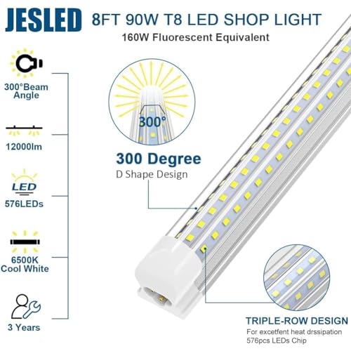 JESLED 8FT LED Shop Light, 90W, 12000LM, 6500K Super Bright White | ETL Listed, T8 Fixture 8 Foot, D Shape 3 Rows, Linkable Tube Lights for Garage Workshop Warehouse, Plug and Play, 10-Pack