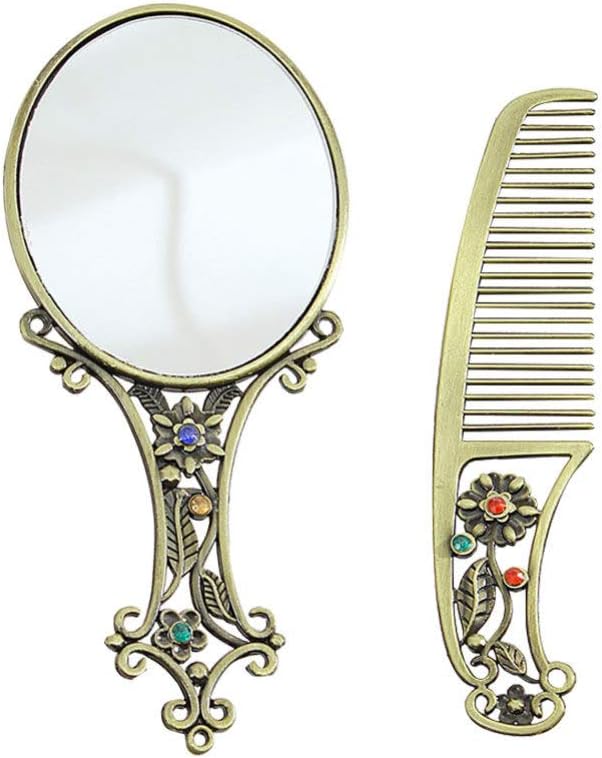 Minkissy Metal Mirror Comb Retro Comb Antique Mirror Vintage Mirror Comb Set for Lady Woman Christmas Birthday Gift (Mixed Pattern)