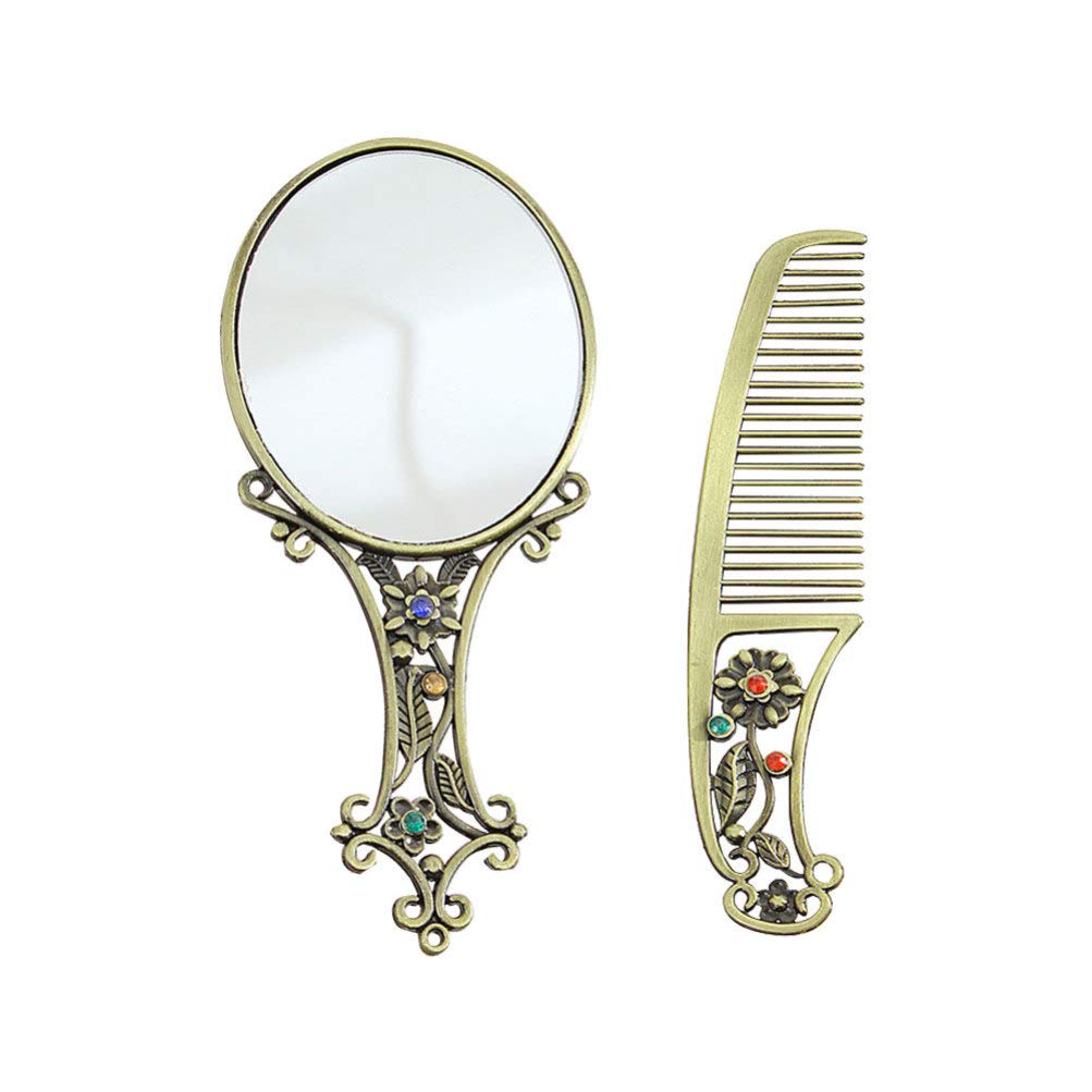 Minkissy Metal Mirror Comb Retro Comb Antique Mirror Vintage Mirror Comb Set for Lady Woman Christmas Birthday Gift (Mixed Pattern)
