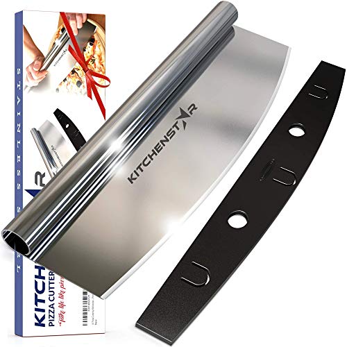 14" Pizza Cutter by Kitchenstar | Sharp Stainless Steel Slicer Knife - Rocker Style w Blade Cover | Chop and Slices Perfect Portions + Dishwasher Safe - Premium Pizza Oven Accessories
