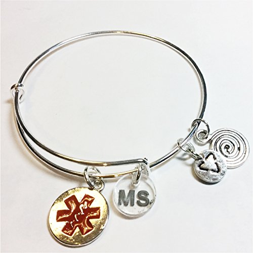 MS Patient, Medical Alert Bangle, Acrylic & Metal Charms, emergency warning Multiple Sclerosis jewelry