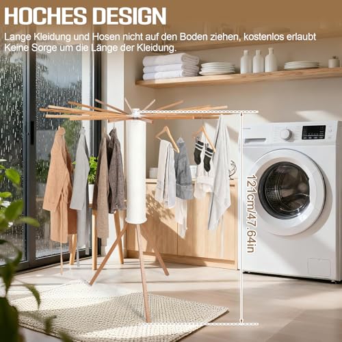 Space Saving Folding Clothes Airer with 16 Wooden Arms and 48 Hanging Slots, Modern Octopus Shape Drying Rack Portable Rack for Balcony, Indoor, Laundry Room (White)