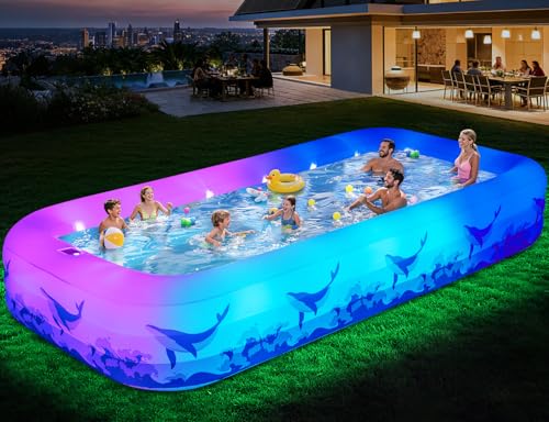 Large Inflatable Swimming Pool with Light, 12FT X 6.2FT Solar Blow Up Pool Inflatable Pool for Kids Adults, Durable Thickened 7 Color Family Kiddie Pool for Backyard Outdoor