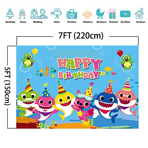 Fanghui 7x5FT Photography Background Undersea World Whale Shark Starfish Seahorse Cartoon Backdrops for Pictures Happy Birthday Party Banner Decoration Supplies Photo Booth Props
