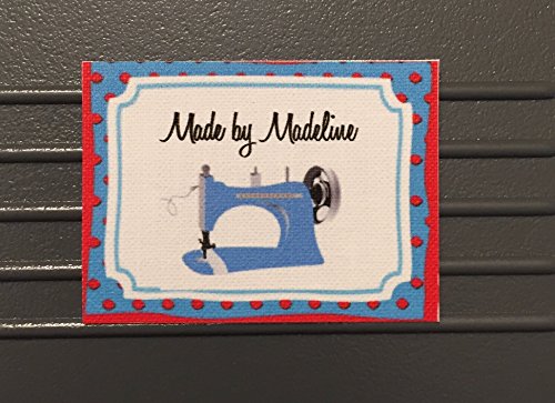 45 Pre Cut Custom Iron on Flat sewing Labels in COLOR INK with Polka dot frame and blue sewing machine Graphic-made in USA