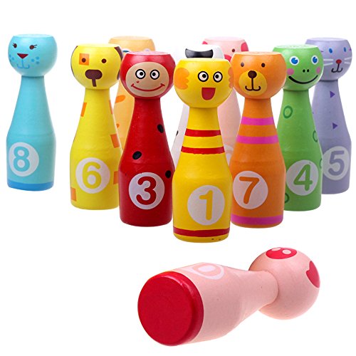 Joqutoys Wooden Bowling Play Set Indoor Activity with 10 Animal Pins 2 Balls Educational, Early Developmental Toy for Kids 2 3 4 5 Years and Up