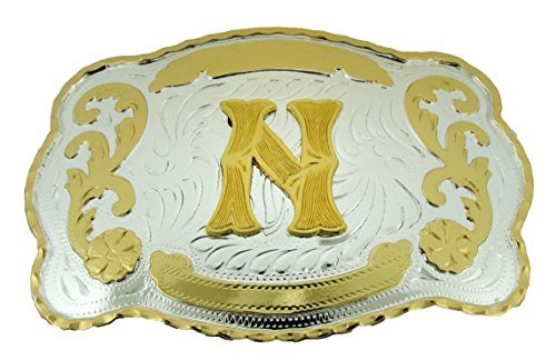 Initial Letters Western Style Cowboy Rodeo Gold Large Belt Buckles (Large Square, N LETTER)