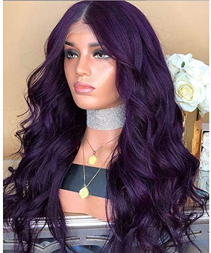 Long Wavy Synthetic Lace Front Wig Glueless Purple High Temperature Heat Resistant Fiber Hair Wigs For Women Female Long Curly Hair [ by Yinsoouli]