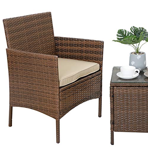 Oteymart 3 Pieces Outdoor Furniture Wicker Rattan Conversation Set 2 Club Chairs with Coffee Table Modern Bistro Set for Yard or Backyard Garden PE Patio Furniture (Brown)