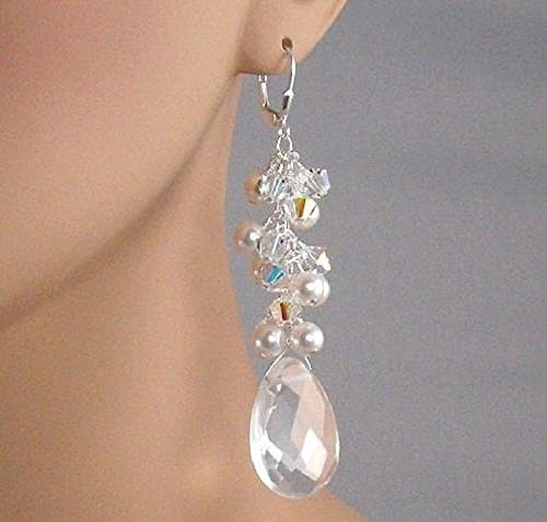 Clear Swarovski Crystal and Pearl Cluster Bridal Earrings