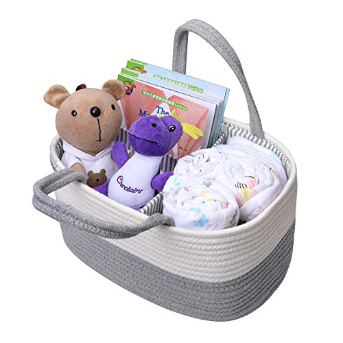 Baby Diaper Caddy Organizer Nursery Storage Bin with Removable Divider, Cotton Rope Infant Diaper Basket Car Organizer for Diapers Wipes Toys Baby Shower Caddy Gifts - Thumbnail 7